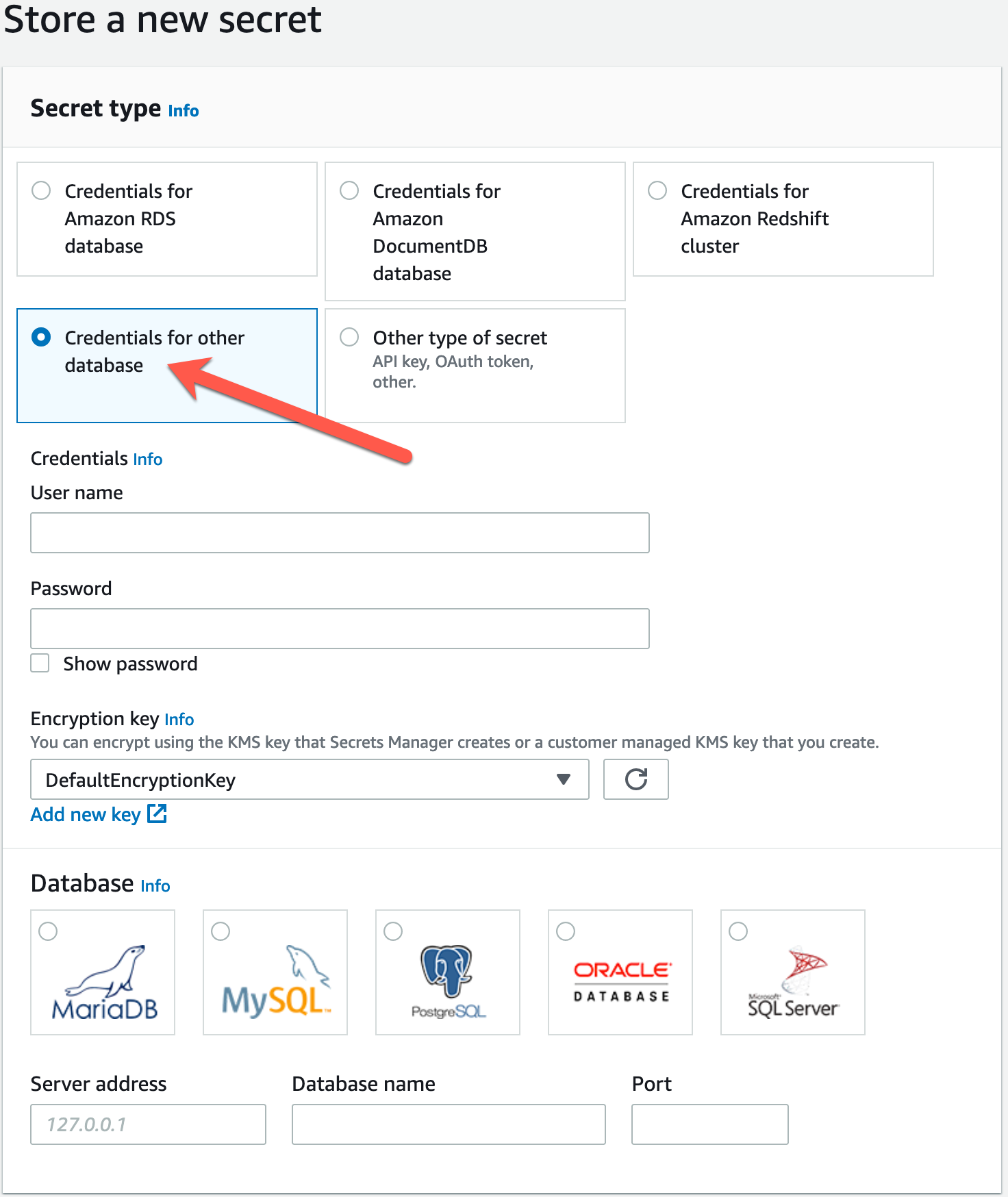 Creating an Other Database in AWS Secrets Manager